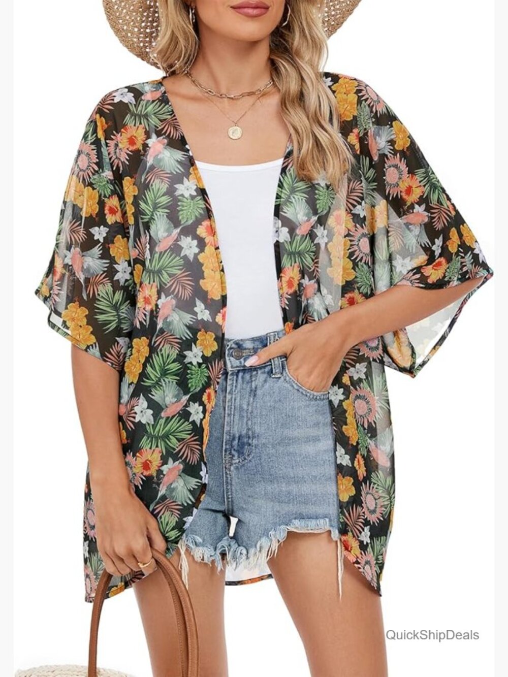 Floral Kimono Cardigan Cover Up Loose Fit Polyester Spandex